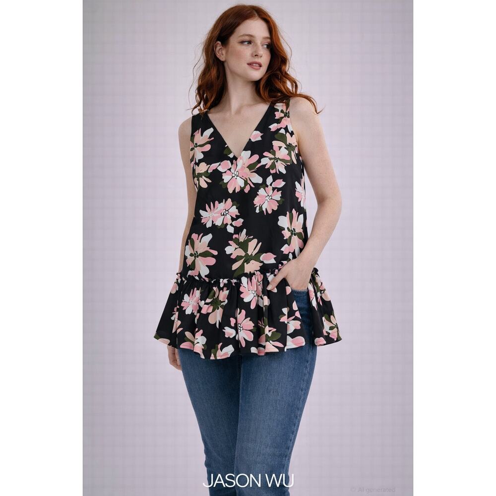 Jason Wu‎ Floral peplum Top Women's Med Black Pink Sleeveless V-Neck